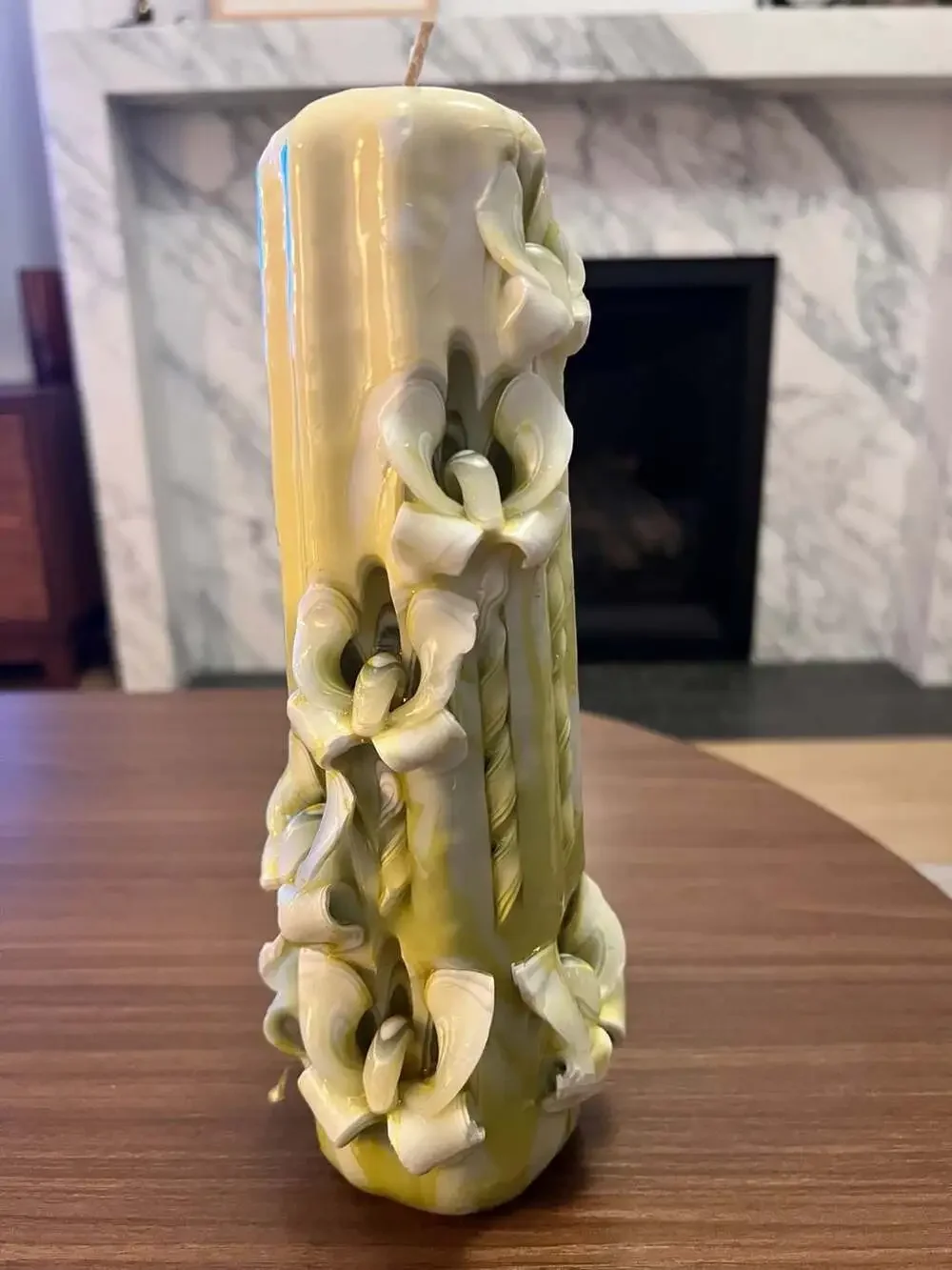 Vintage Hand Carved Sculpted Pillar Candle Green and White Wax